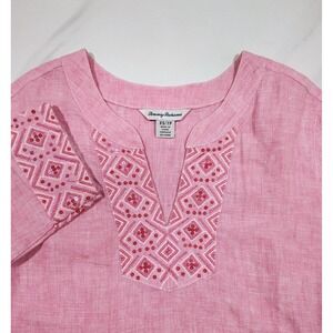 Tommy Bahama WOMENS SZ XS Linen Tunic Top Pink 3/4 Sleeve V Neck Pullover Boho
